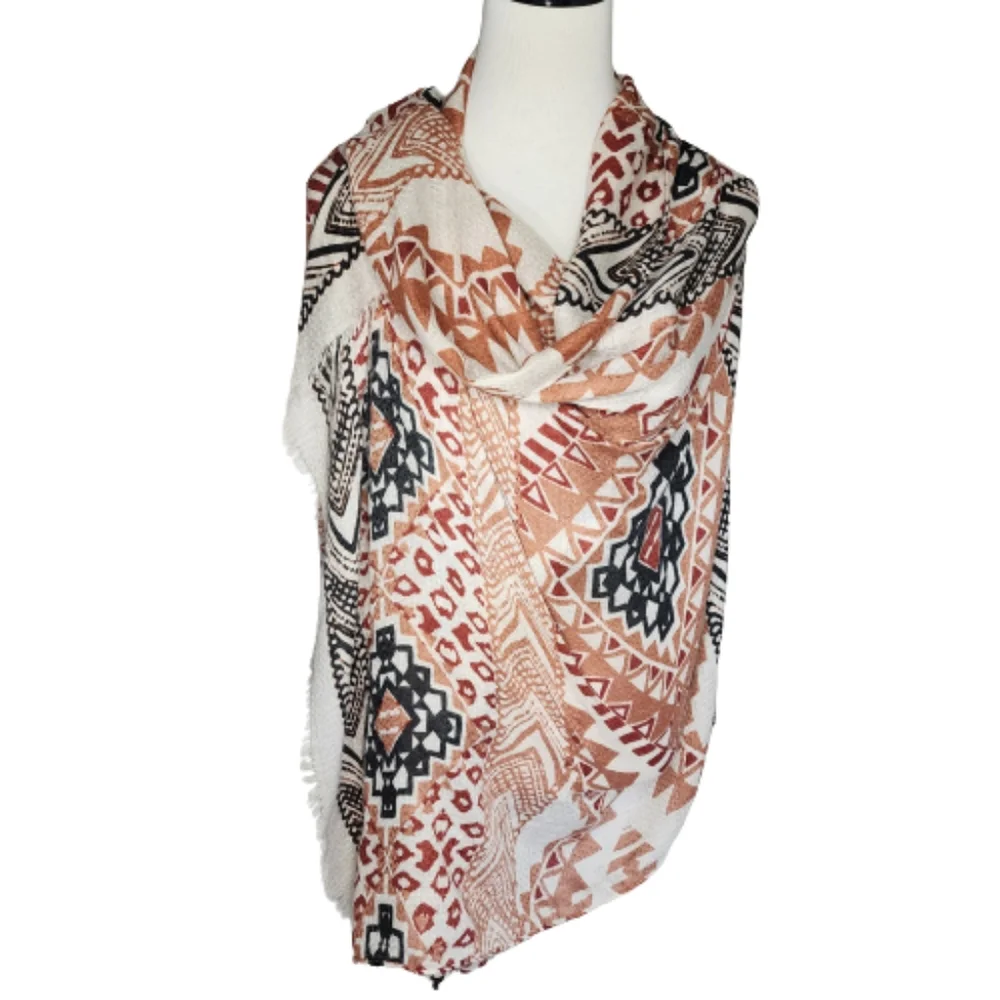 Long rectangle scarf with fringe Geometric cream burgundy burnt orange black